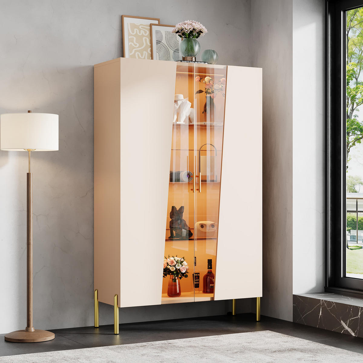 VITRINE 72x40x145 cm mit LED und Glastür - Beige, Holzwerkstoff (72/145/40cm) - FLIEKS