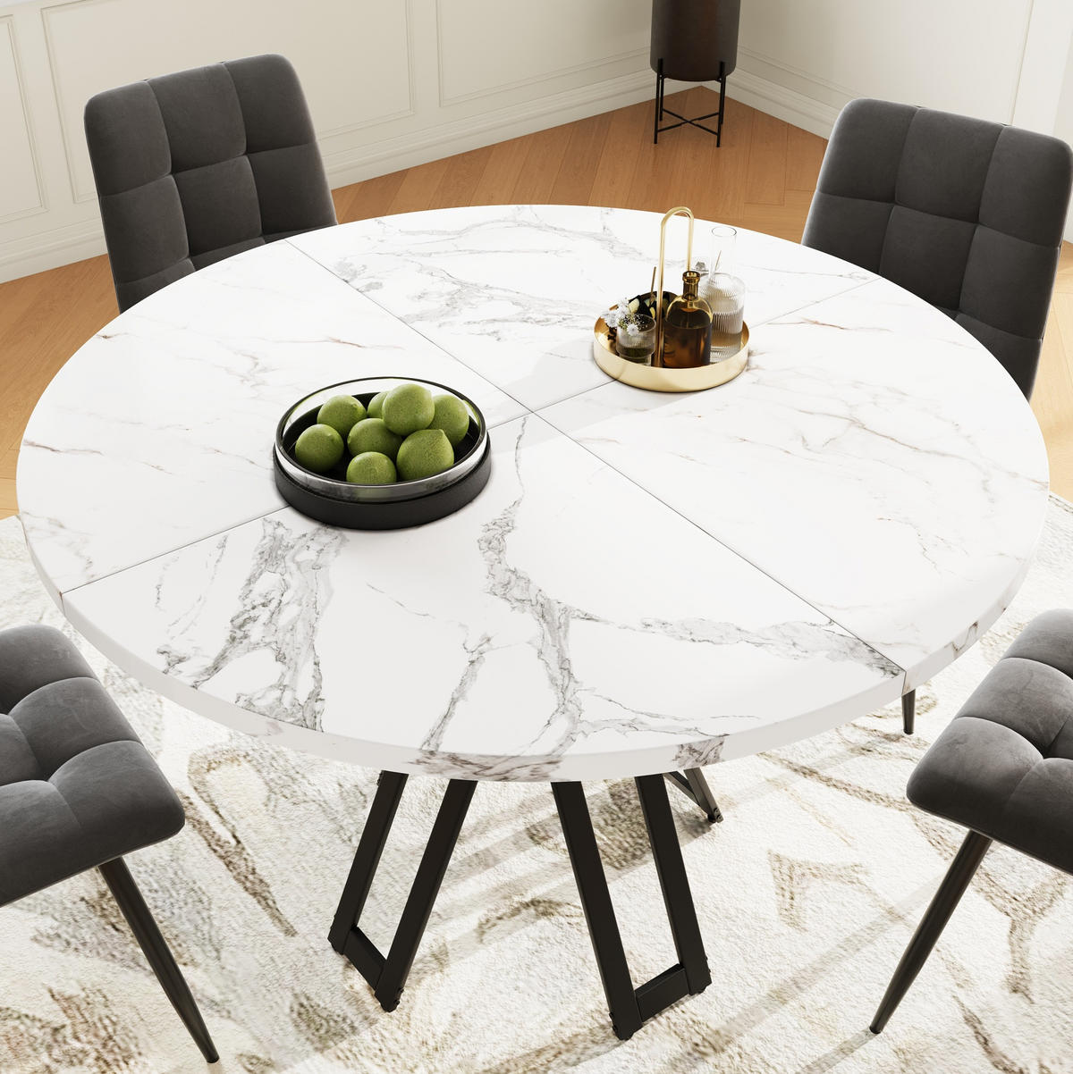 ESSTISCH 100x100x76 cm in Weiß und Schwarz aus MDF mit Marmoroptik auf schwarzem Metallgestell - Schwarz, Holzwerkstoff (100/100/76cm) - Modfu