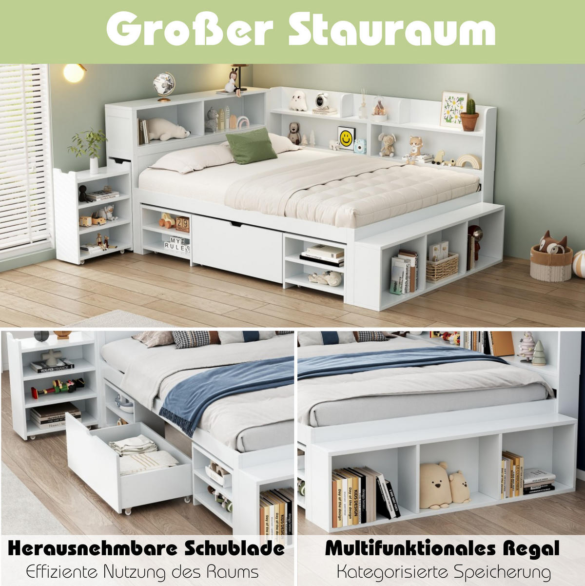 KINDERBETT aus Sperrholz 140x190 cm Weiß mit Schubladen, Regalfächern und Lattenrost - Weiß, Holzwerkstoff (140/190cm) - IVMEU