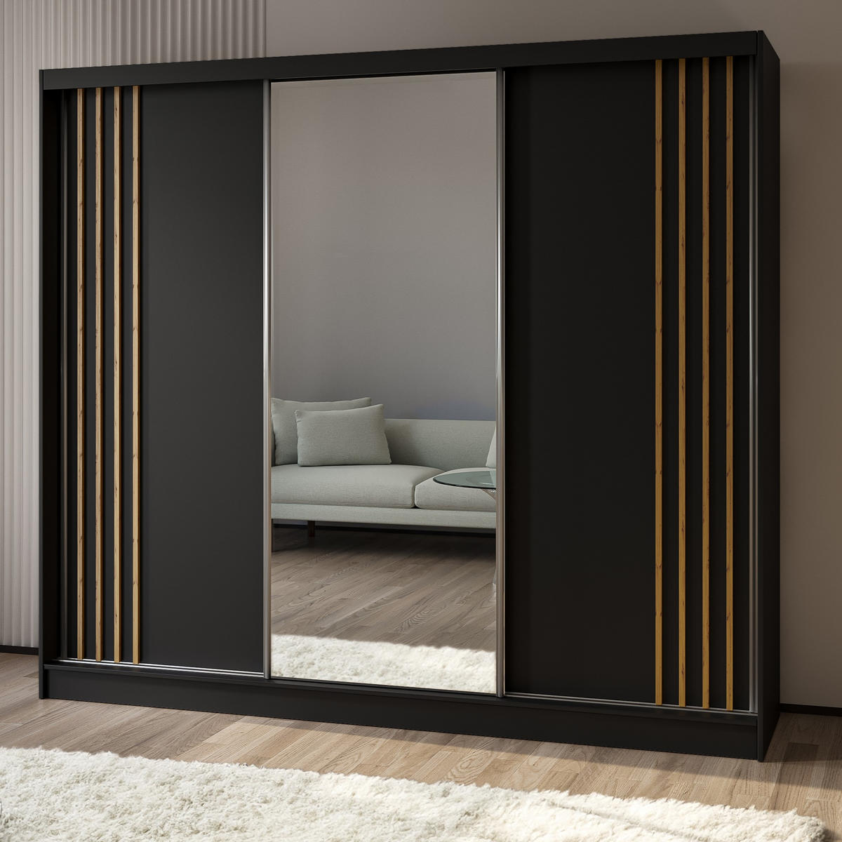 SCHWEBETÜRENSCHRANK NELVIA 240/216/61 cm 3-türig mit Spiegel Schwarz - Schwarz, Holzwerkstoff (240/216/61cm) - MASSENO