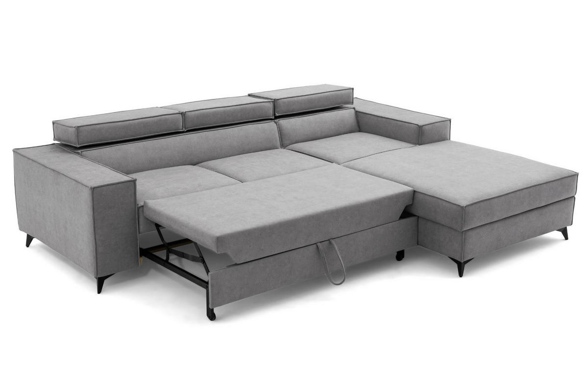 ECKSOFA PURE S Rechts mit Schlaffunktion 127x215 Velours Hellgrau - Hellgrau/Schwarz, Holz/Textil (204/281cm) - Muffo