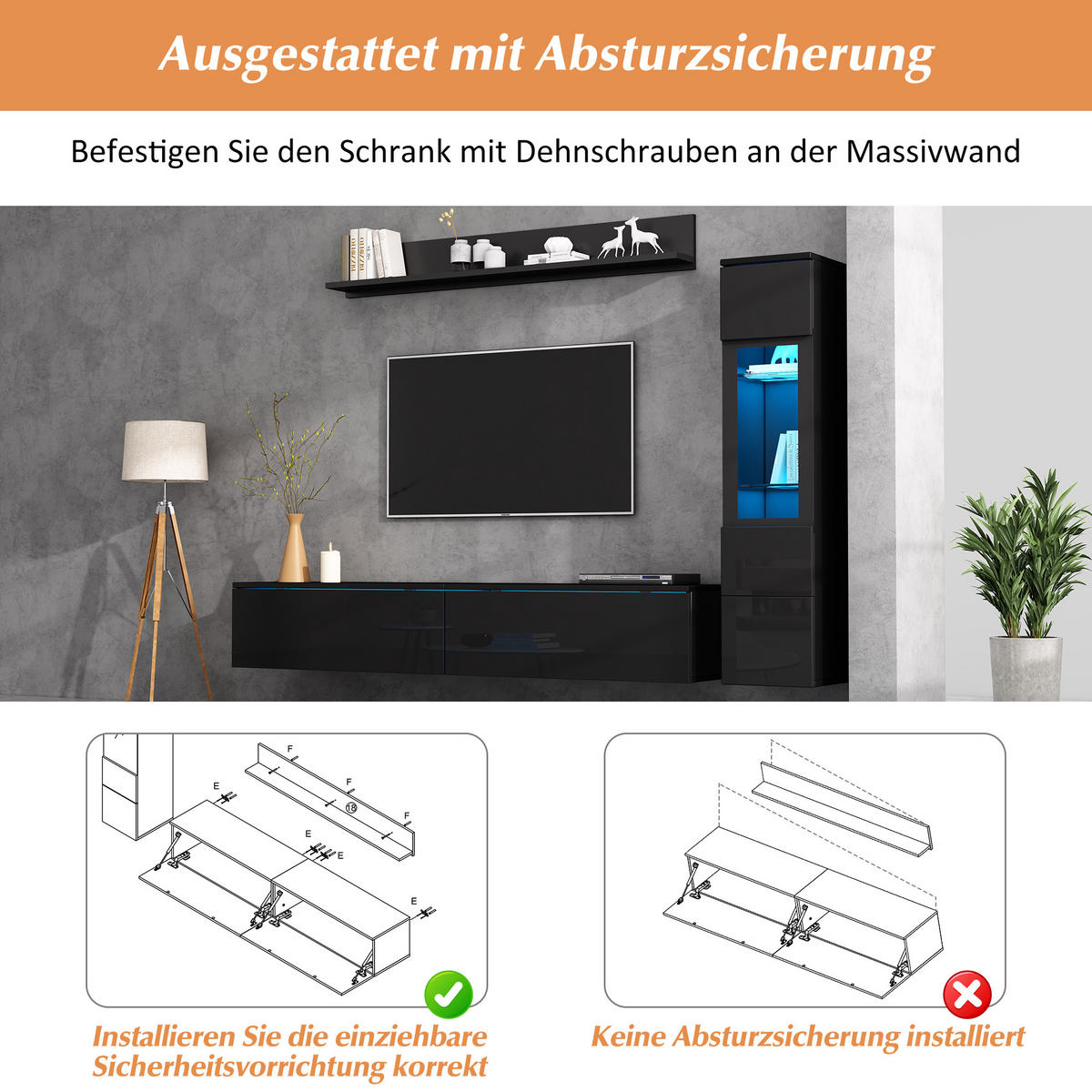 WOHNWAND 3-teilig LED Hochglanz Schwarz 80 Zoll - Schwarz, Holzwerkstoff (207/130/30cm) - FLIEKS
