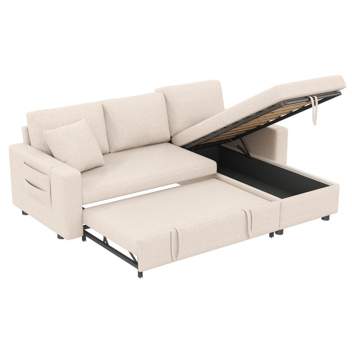 SCHLAFSOFA Leinen mit Stauraum und wechselbarer Chaiselongue Beige 219,5/142,5/83 cm - Beige, Textil (83/219.5/142.5cm) - Redom