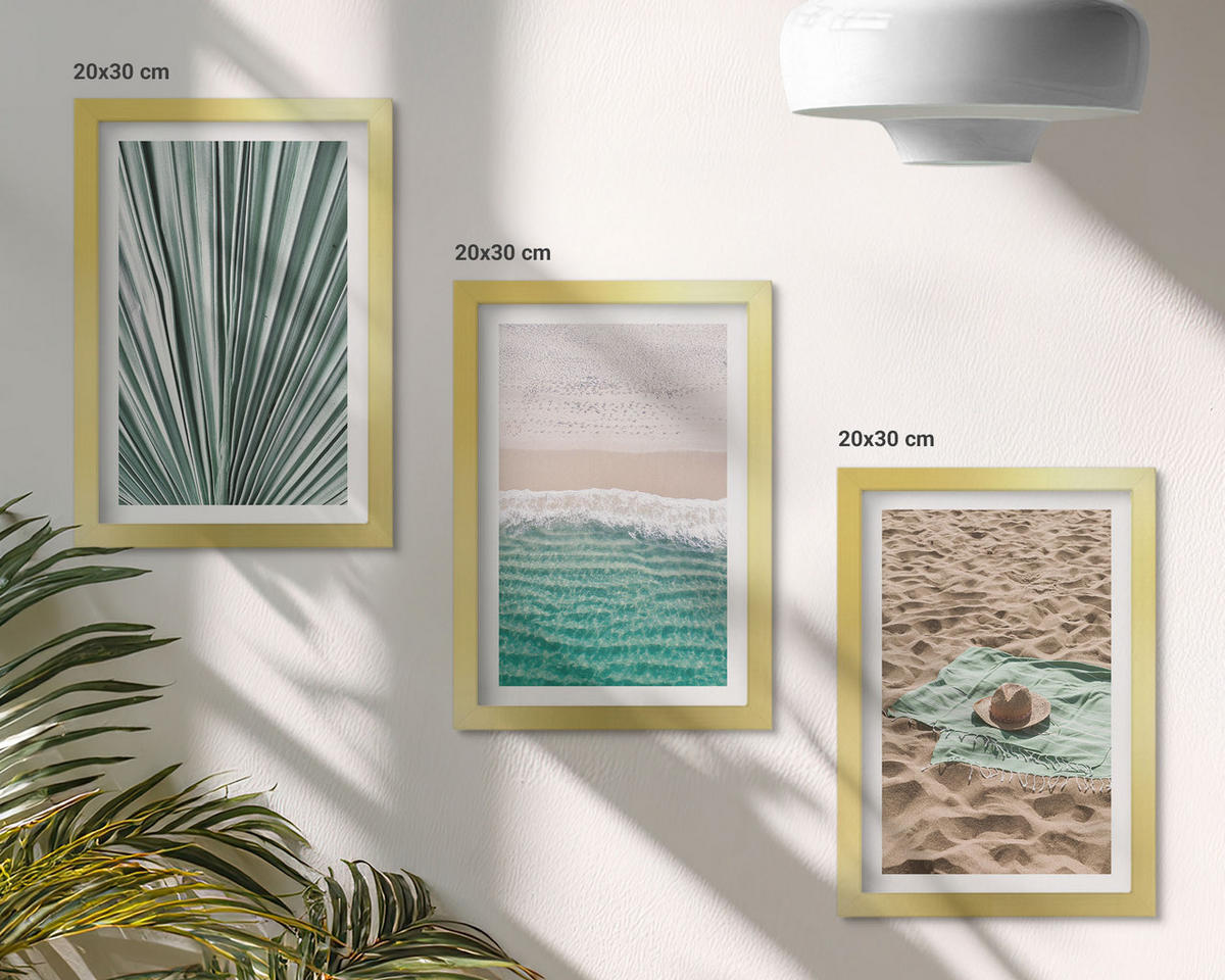 WANDBILDER 3er Set - 20x30 cm Goldrahmen - Urlaubsblick Strand Meer - Goldfarben, Kunststoff (20/30cm) - ArtPrintCave