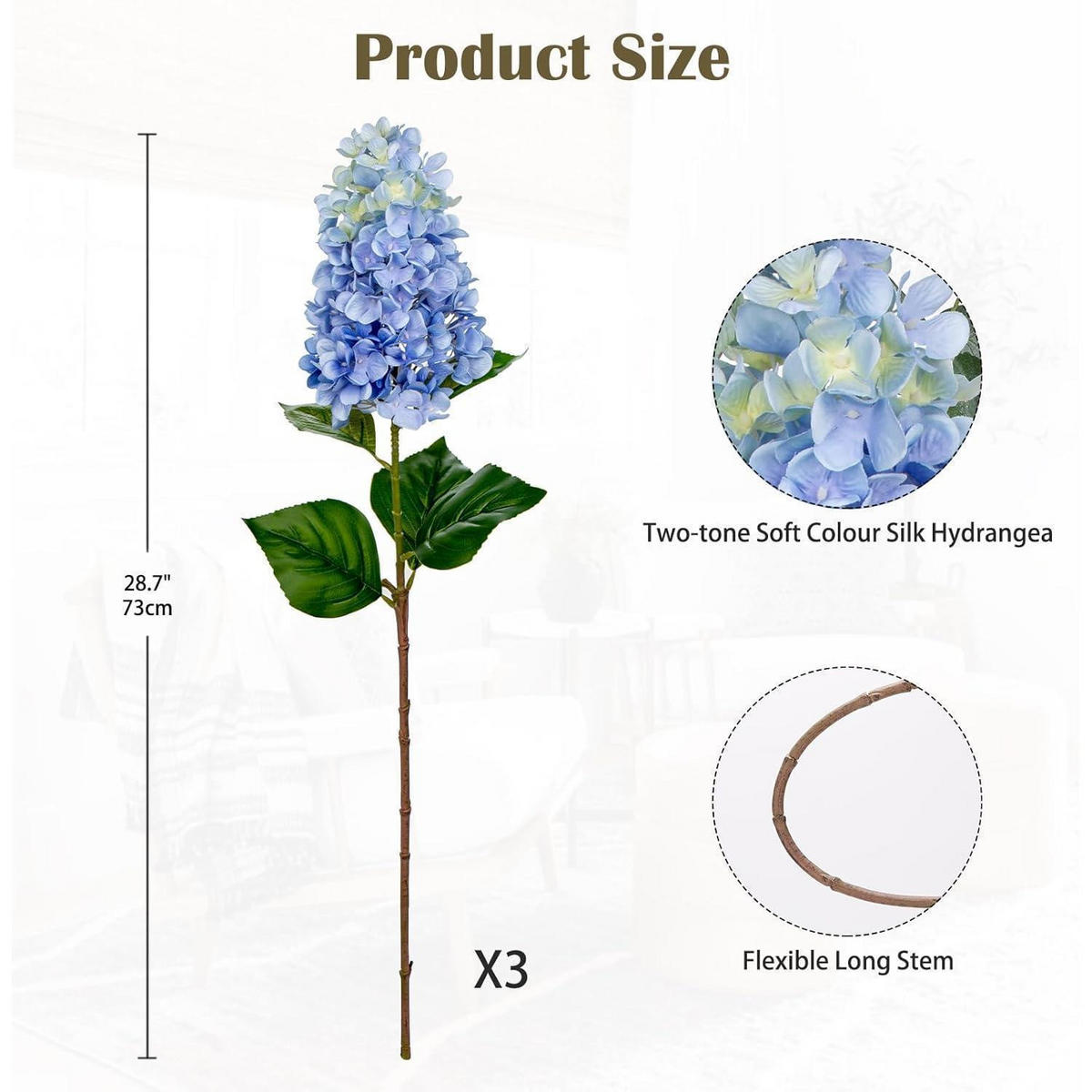 KUNSTBLUMEN 3er Set Hortensien 73CM Hellblau - Hellblau, Kunststoff (73cm)
