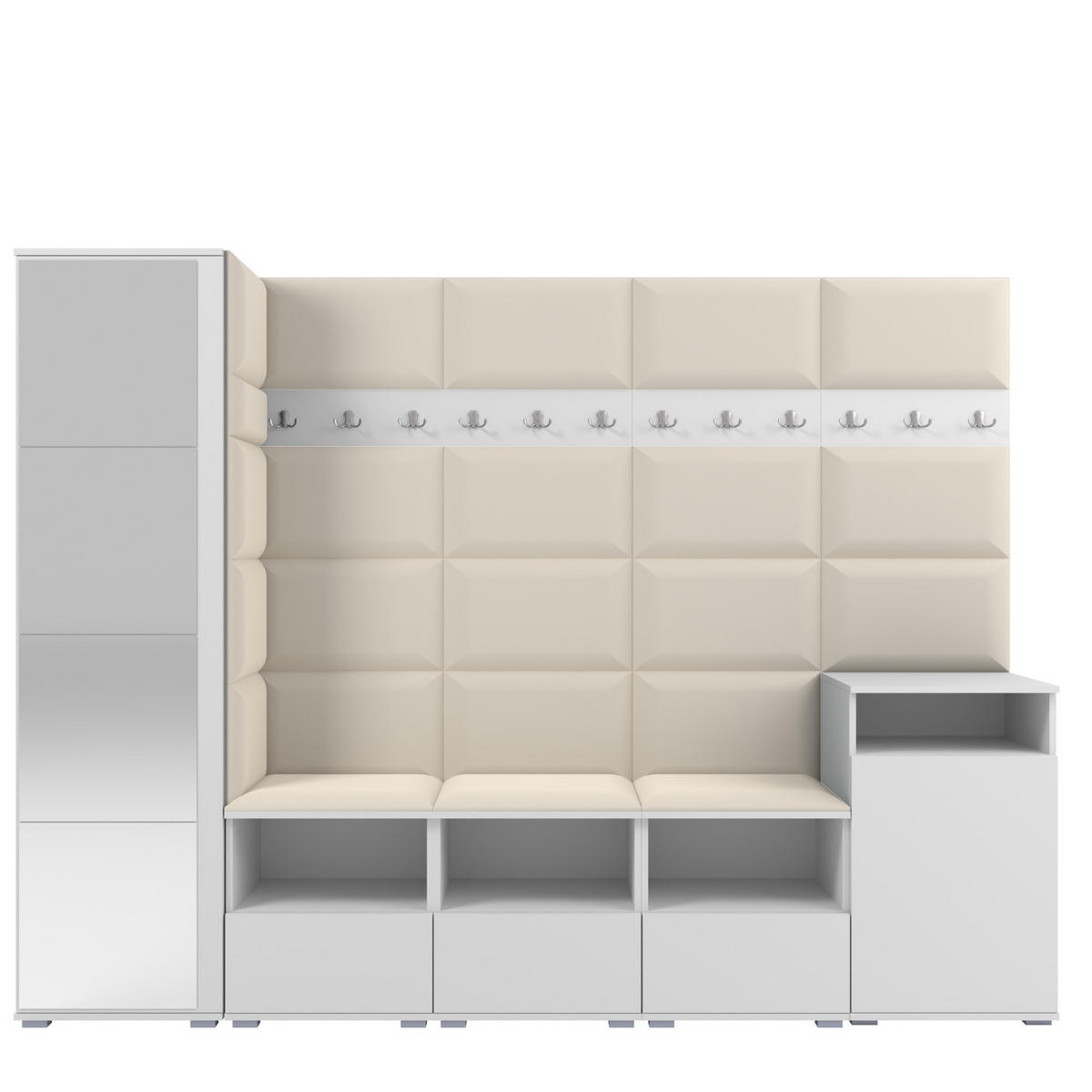 GARDEROBE NELA XI 250 cm (Modulare Flurmöbel Weiß mit Spiegel & Sitzpolster Creme 01 Großes Set) - Silberfarben/Creme, Holz/Holzwerkstoff (250/187/40cm) - Ravio