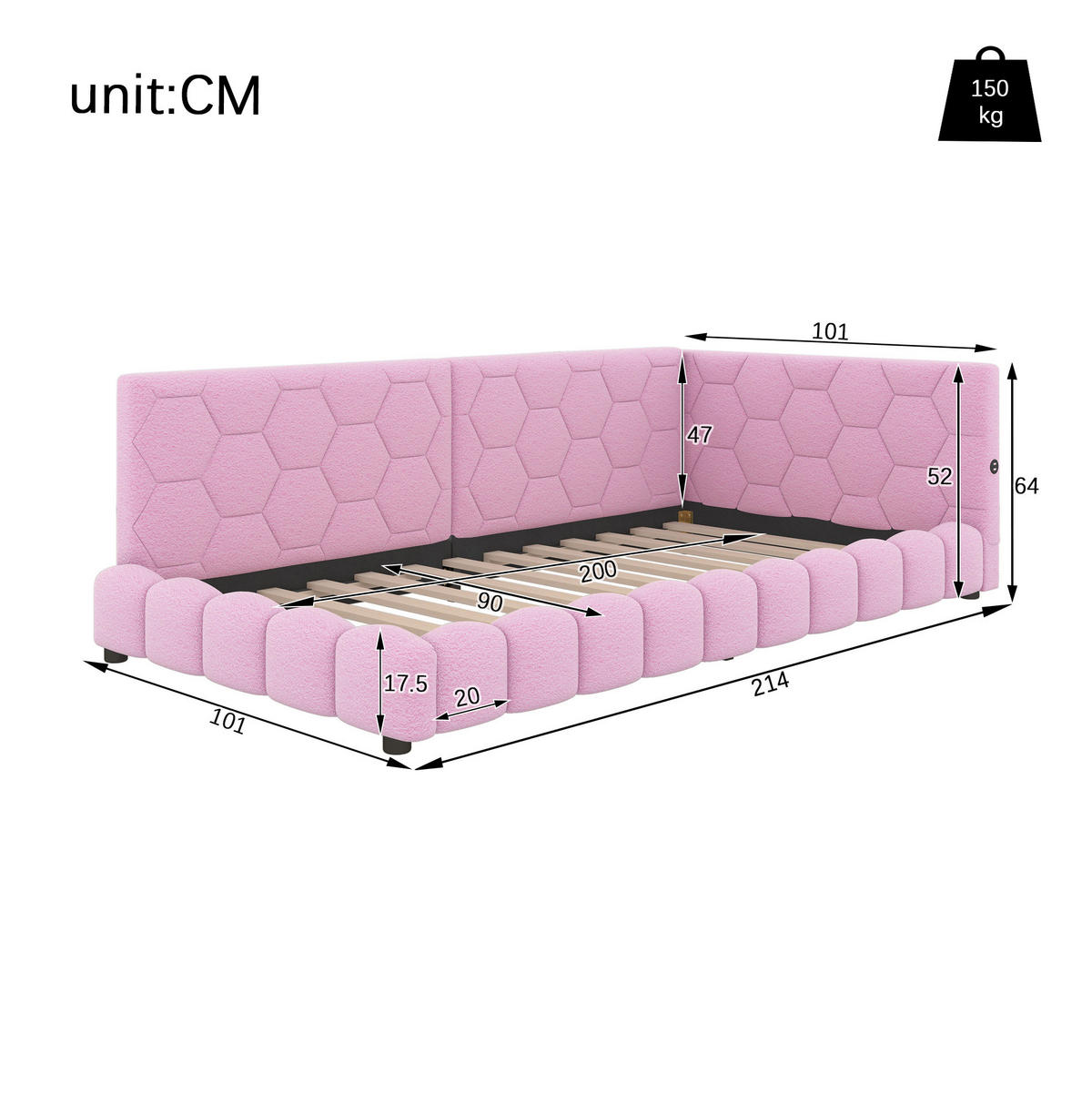 TAGESBETT 90/200 cm mit LED-Beleuchtung, USB- und Typ-C-Anschluss, Vliesimitat, Rosa - Rosa, Textil (90/200cm) - Redom