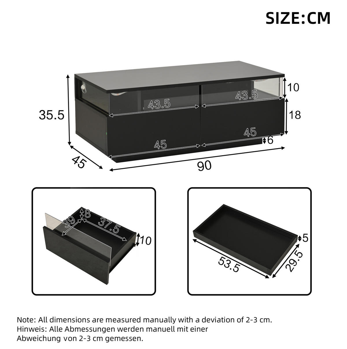 COUCHTISCH 90/45/35,5 cm mit LED-Beleuchtung, herausnehmbarem Tablett und 2 Schubladen, Hochglanz mit Hartglas, Schwarz - Schwarz, Holzwerkstoff (90/45/35.5cm) - Redom