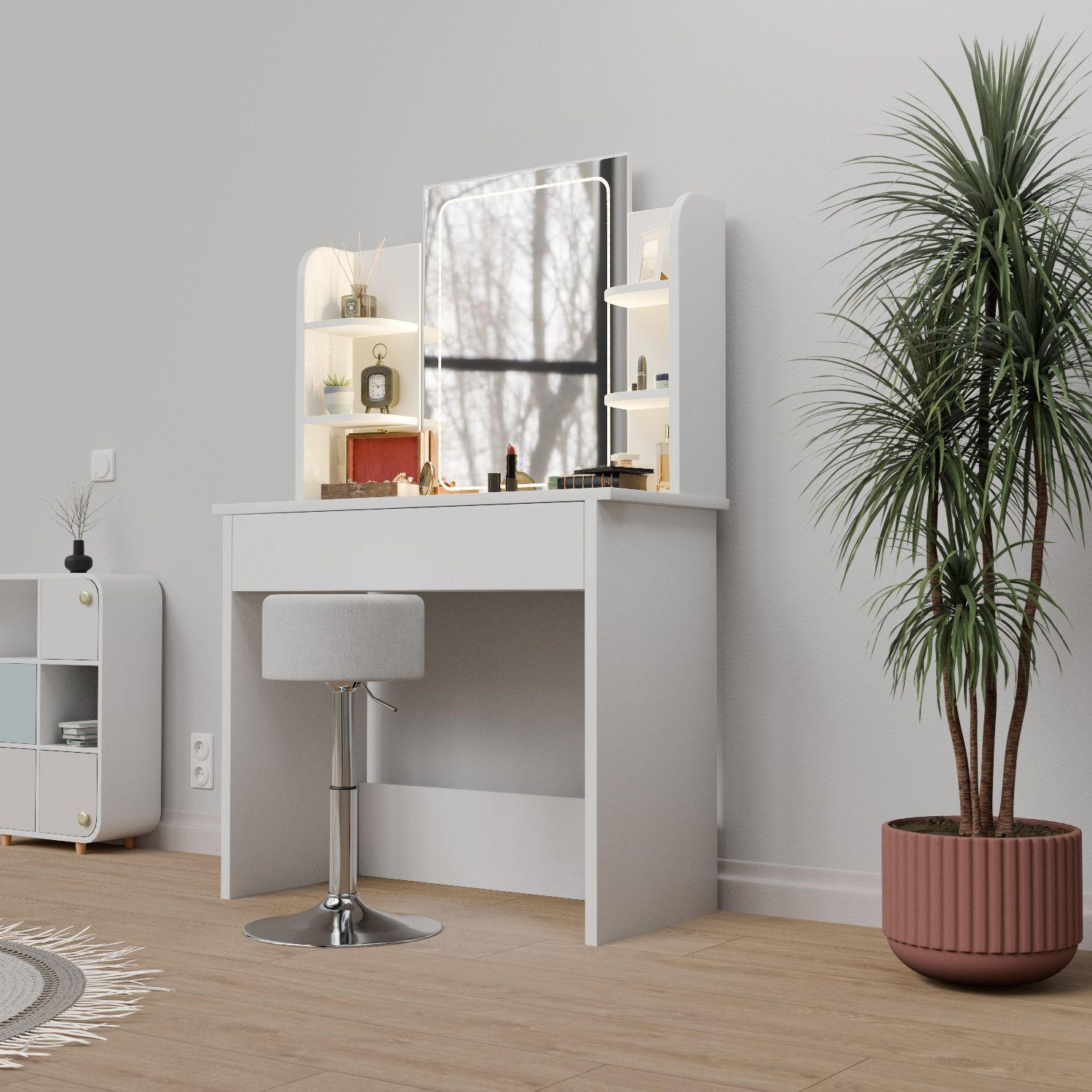 SCHMINKTISCH Zoey LED-Spiegel & Hocker Tonia - Weiß, Holz (40/140/90cm) - Juskys