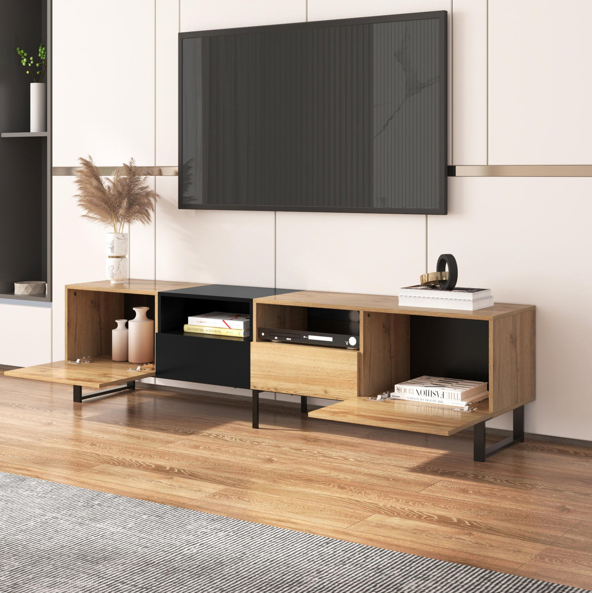 TV-LOWBOARD aus MDF 190x38x48 cm Schwarz/Naturholz mit 2 Türen, 2 Schubladen und viel Stauraum - Naturfarben, Holzwerkstoff (190/48/38cm) - Modfu