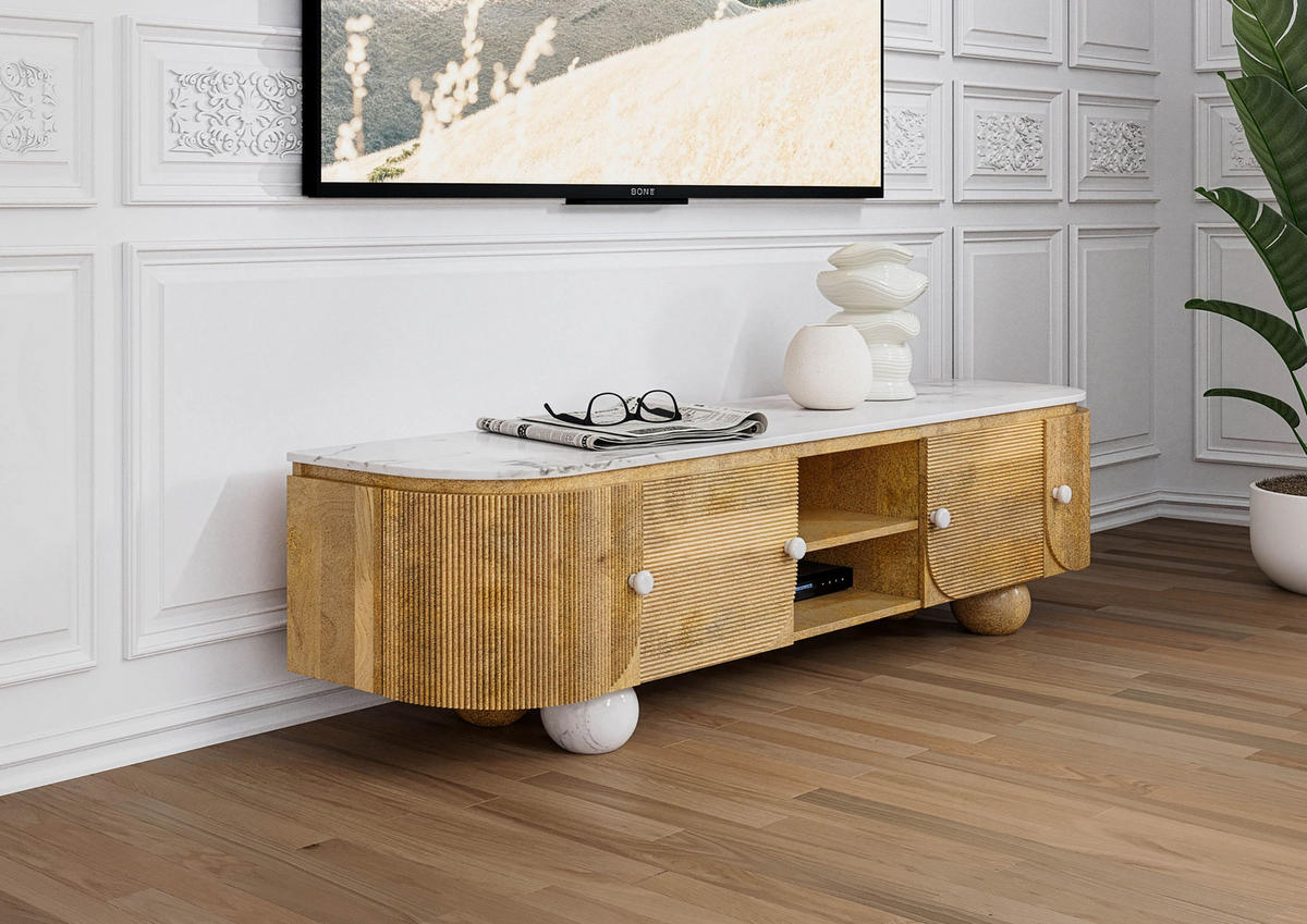 TV-BOARD Mango 180x40x50 natur lackiert / Marmor weiß FLORENZ #100 - Naturfarben, Holz (180/50/40cm) - Massivmoebel24