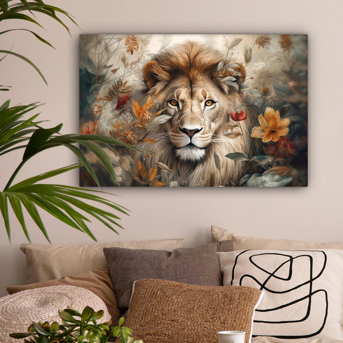 LEINWANDBILD Löwe - Wildtiere - Pflanzen - Natur - Blumen Wanddeko 90x60 cm - Beige, Textil (90/60cm) - MuchoWow
