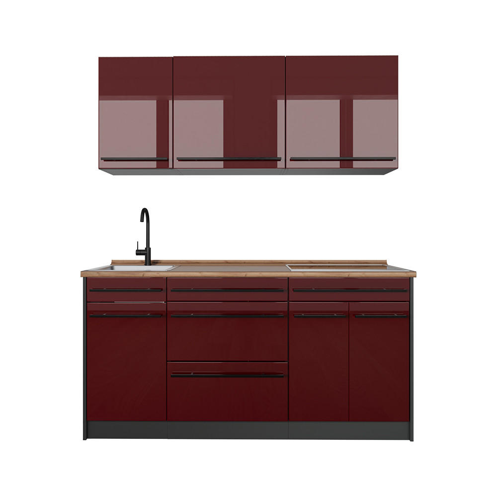 SINGLEKÜCHE R-Line, Rot Hochglanz/Anthrazit, 160 cm Arbeitsplatte Goldkraft Eiche - Anthrazit/Rot, Holzwerkstoff (160/81.6/60cm) - Vicco