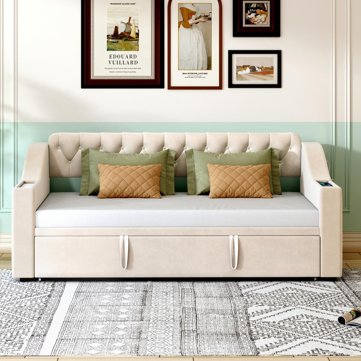 SCHLAFSOFA 90/190 cm ausziehbar auf 180/190 cm mit USB-C, USB und Stauraum aus Samt, Beige - Beige, Textil (98.5/78.5/215cm) - Redom