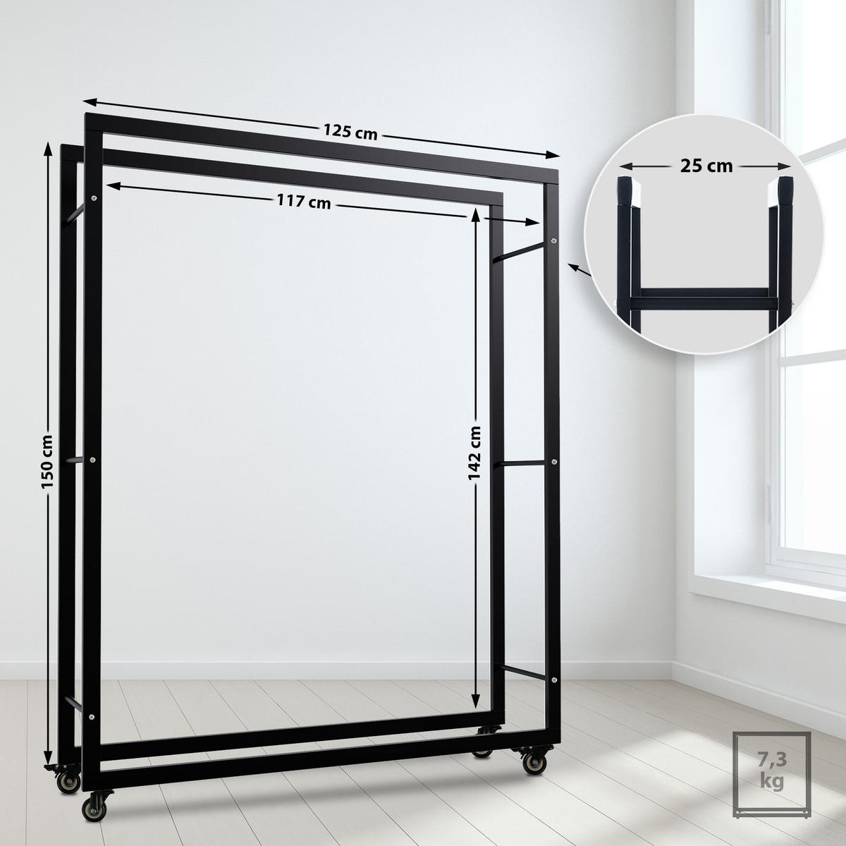 KAMINHOLZREGAL 125/25/150 cm Metall schwarz - Schwarz, Metall (125/150/25cm) - CLP