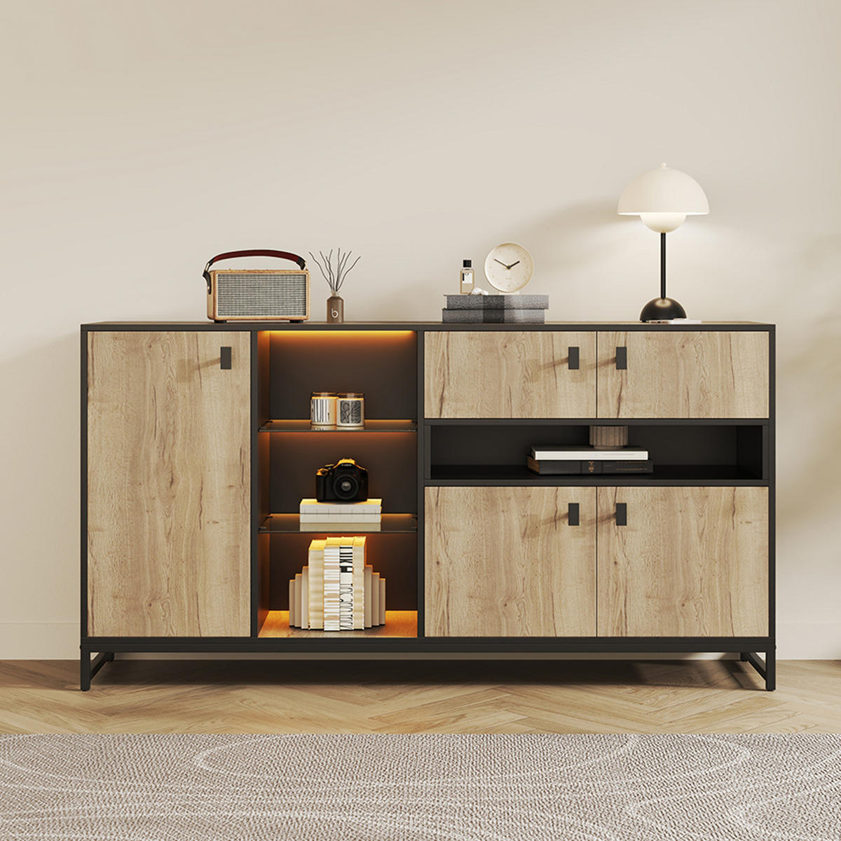 SIDEBOARD 160/40/84,5 cm mit LED-Beleuchtung, Glasregalen und verstellbarem Einlegeboden, Natur - Naturfarben, Holzwerkstoff (160/84.5/40cm) - Redom
