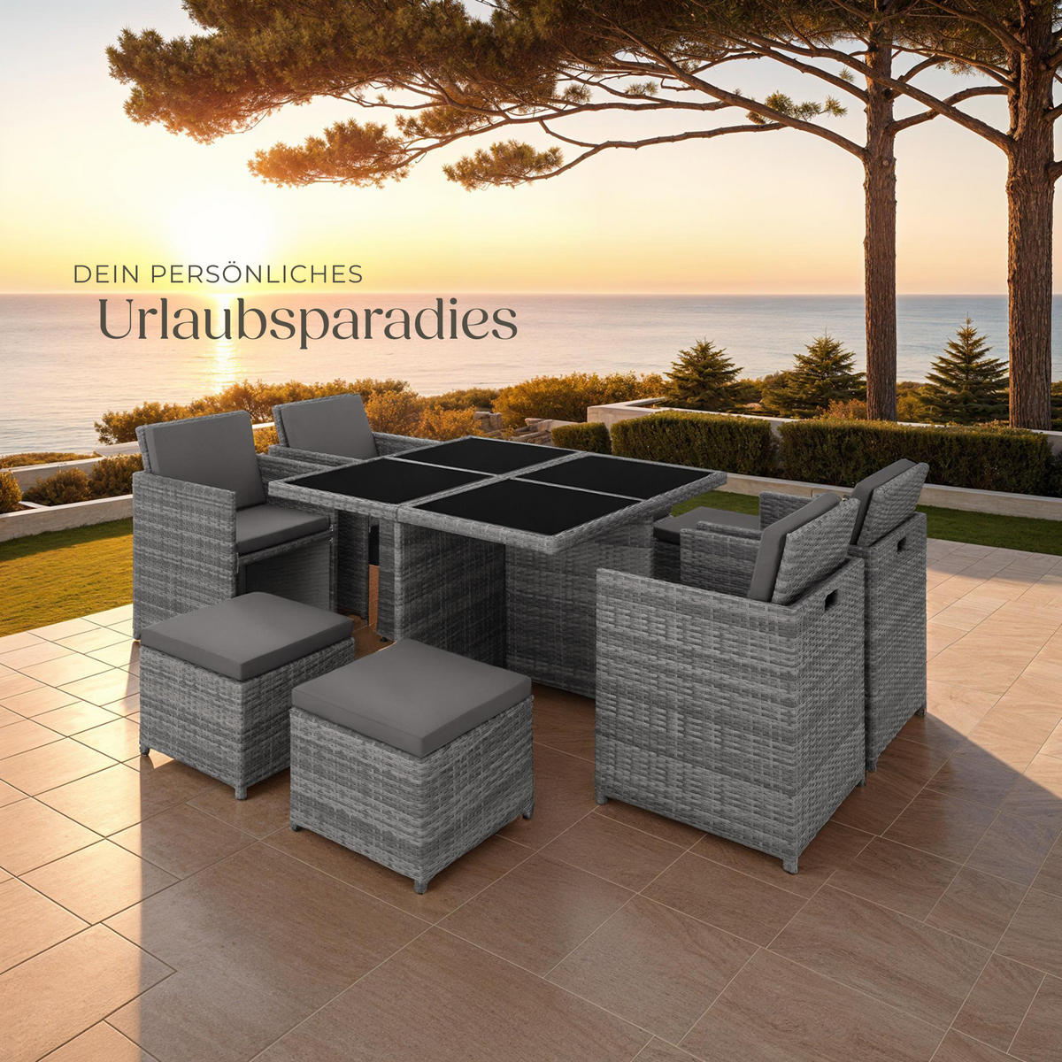 RATTAN SITZGRUPPE Manhattan,2 Bezugssets, zusammenschiebbar, inklusive Schutzhülle,grau - Grau, Kunststoff - tectake