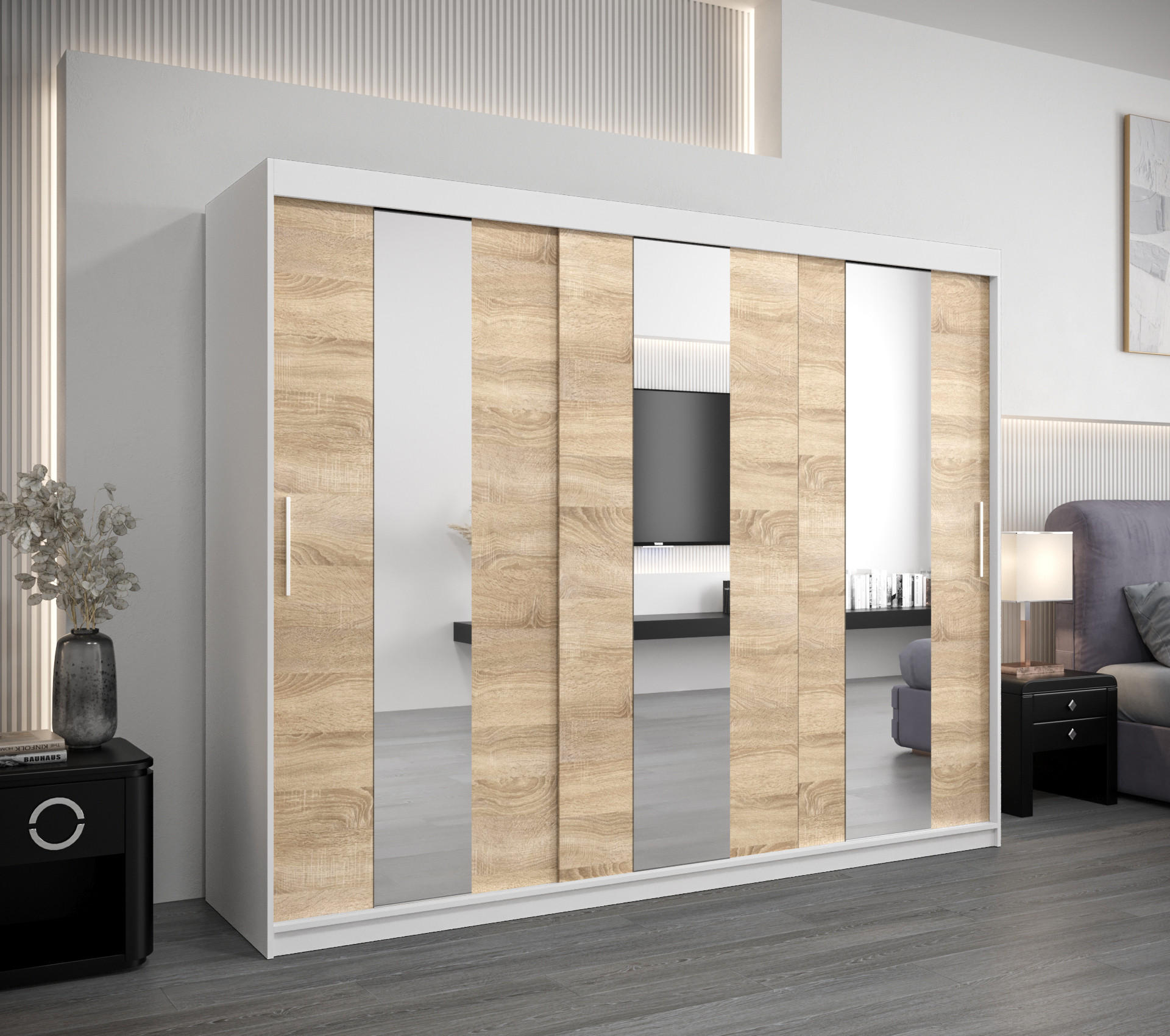 SCHWEBETÜRENSCHRANK 200/250/62 2-türig - Silberfarben/Weiß, Holz/Kunststoff (250/200/62cm) - Abiks Möbel