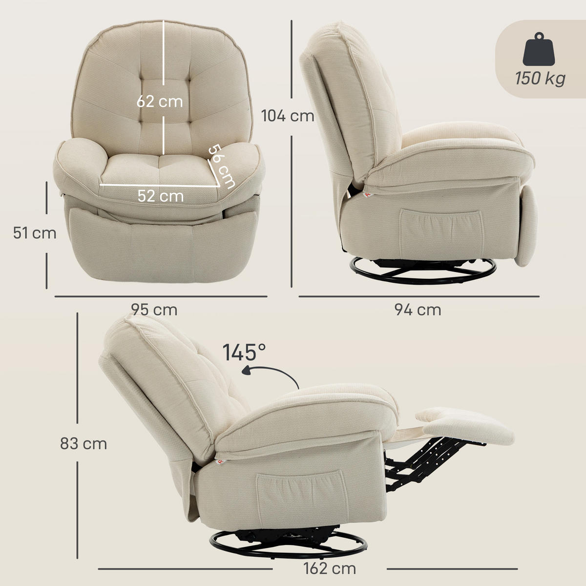 RELAXSESSEL Chenille (100% Polyester) Cremeweiß - Creme/Schwarz, Holzwerkstoff/Textil (94/104/95cm) - HOMCOM