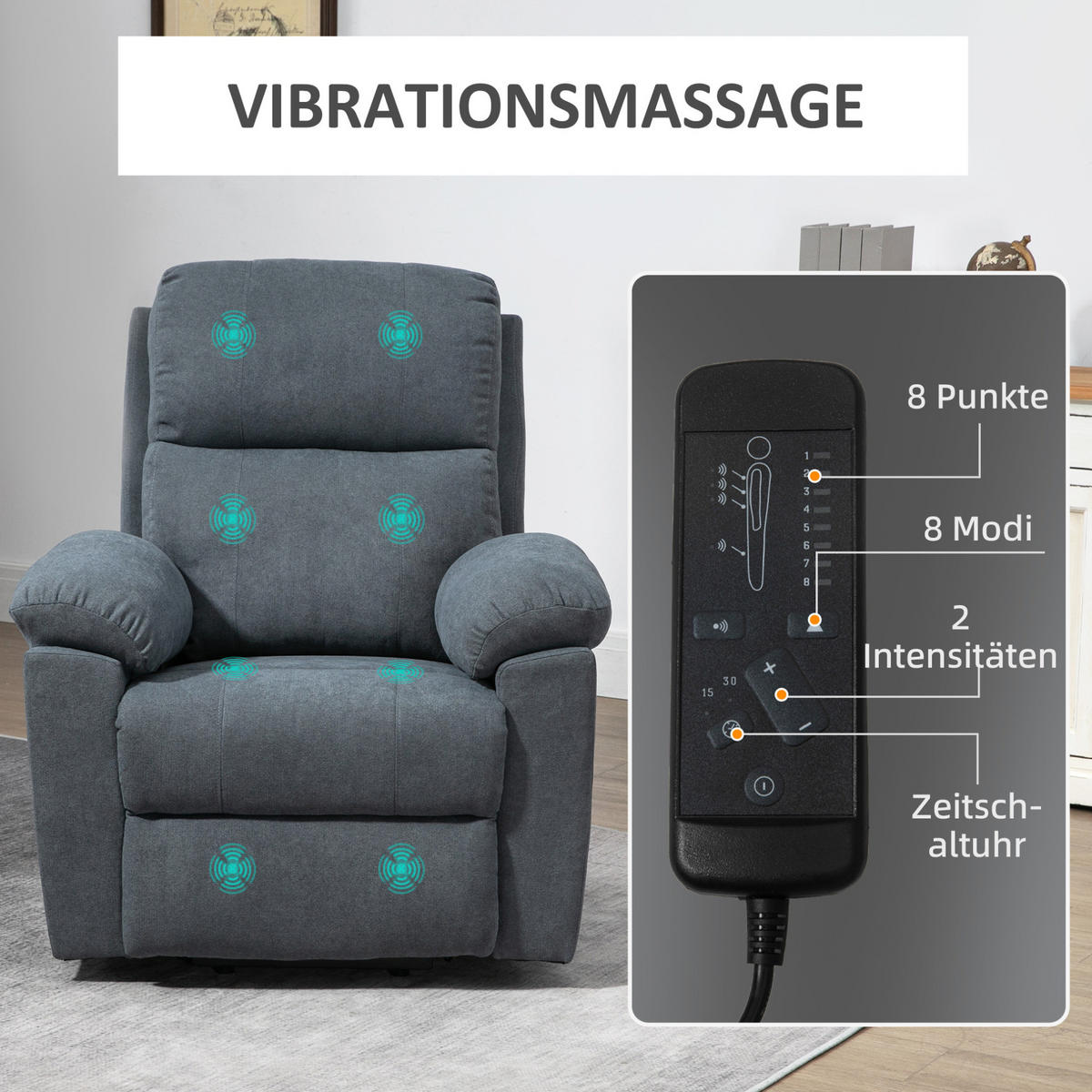 MASSAGESESSEL in Grau 99x89x103 cm mit Aufstehhilfe und 8 Vibrationsmotoren - Grau, Textil (89/103/99cm) - IVMEU