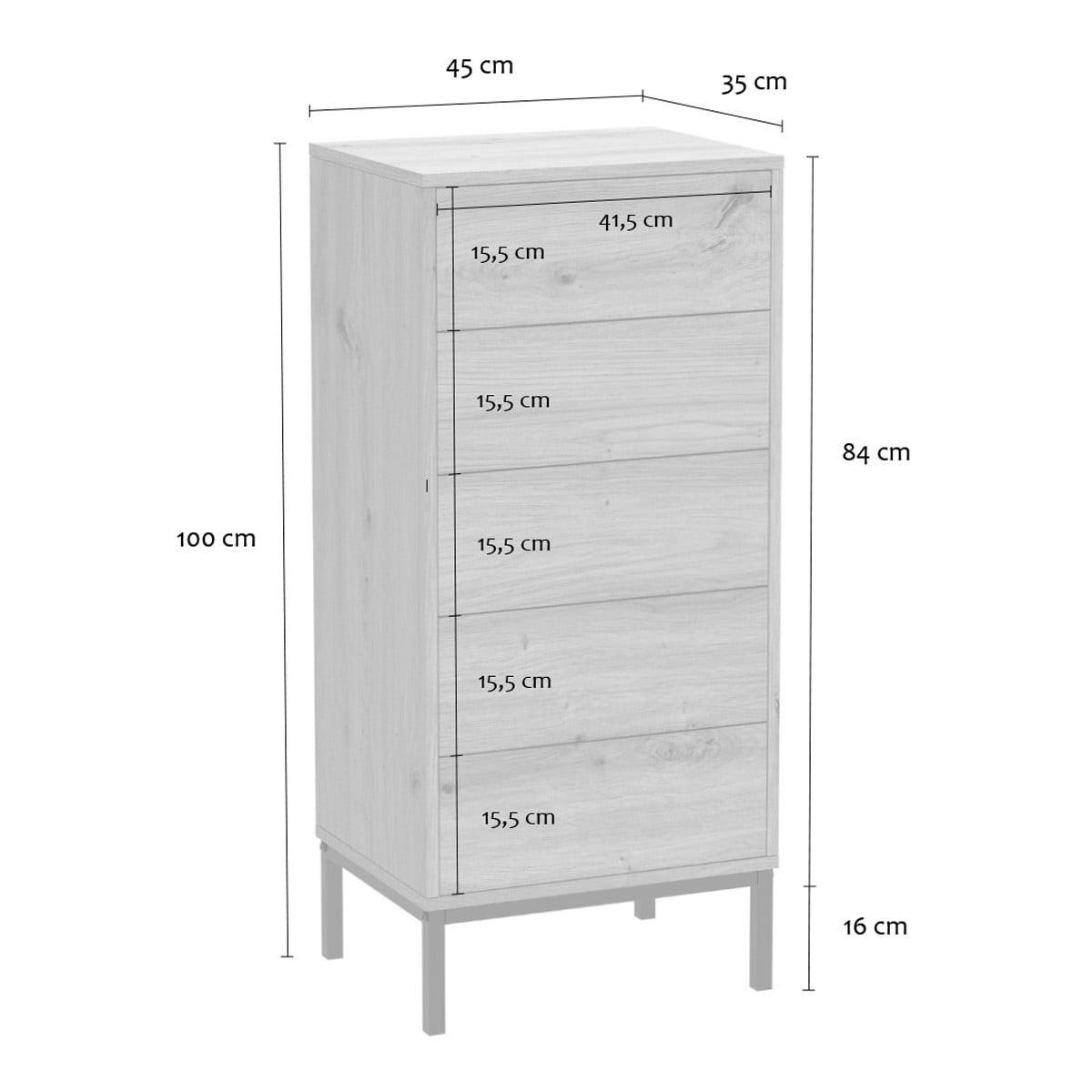 HOCHKOMMODE mit 5 Schubladen und Metallfüßen 45/38/100 cm - Eschefarben, Holzwerkstoff (38/100/45cm) - Calicosy