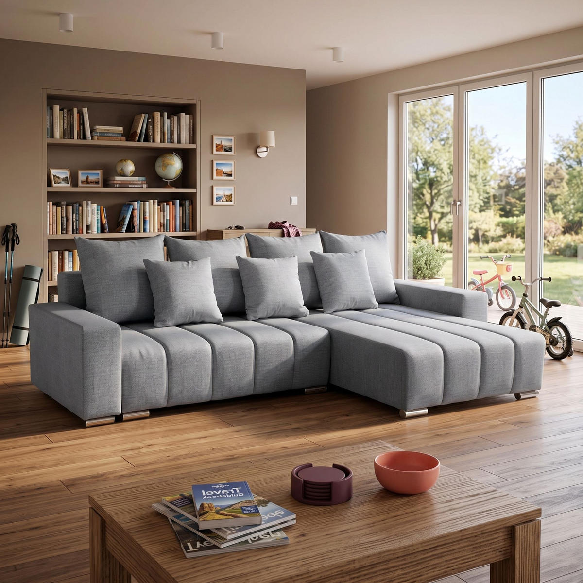 ECKSOFA Piano L Rechts mit Schlaffunktion 137x234 Velours Grau - Silberfarben/Grau, Holz/Textil (178/278cm) - Muffo