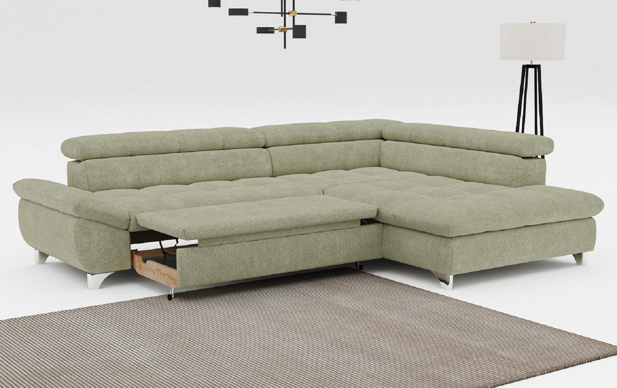 ECKSOFA mit Schlaffunktion und verstellbare Kopflehnen - Silberfarben/Grün, Textil/Metall (234/312cm) - Cotta