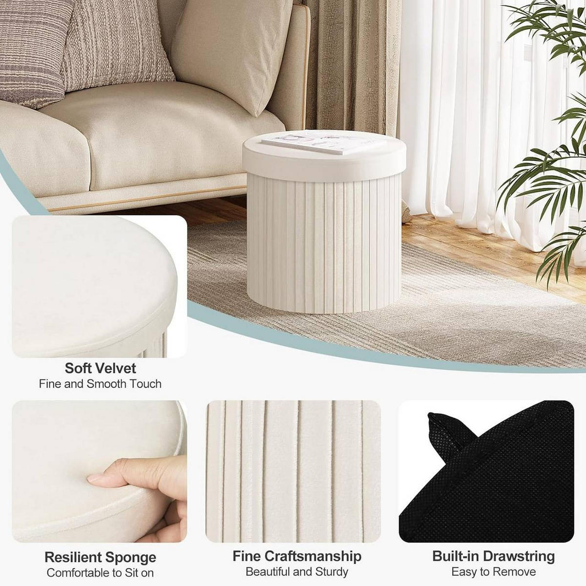 SITZHOCKER mit Deckel Stauraum, Creme - Creme, Textil (38/36/38cm) - Woltu