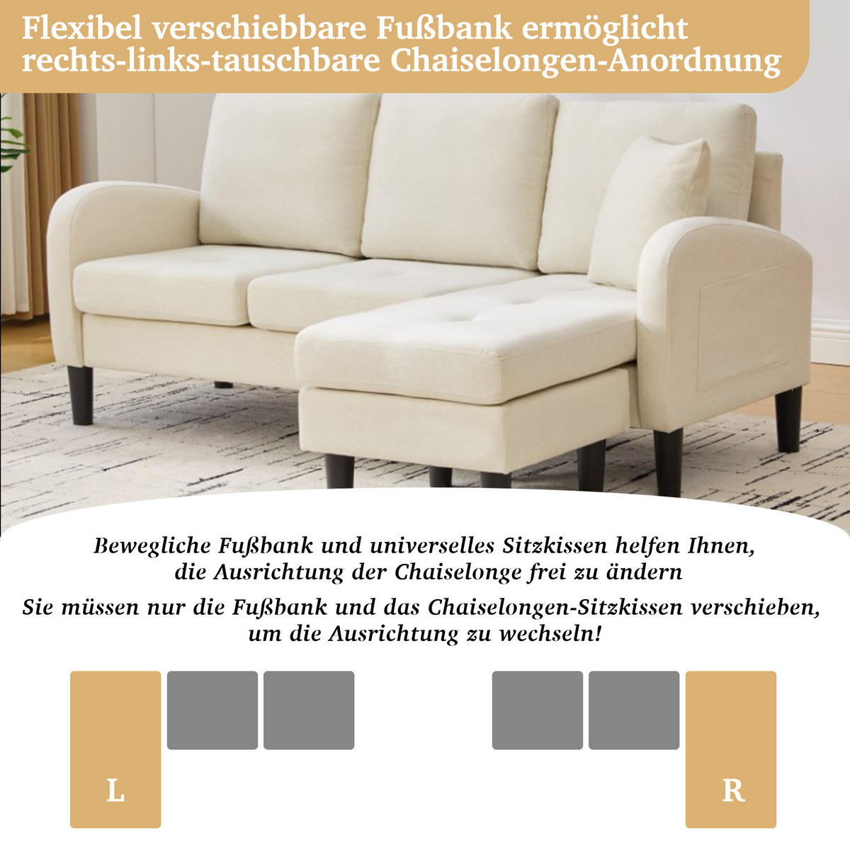 ECKSOFA Baumwoll-Leinenbezug mit modularer Chaiselongue Hellbeige 166/118/77 cm - Beige/Weiß, Textil (166/118cm) - Redom