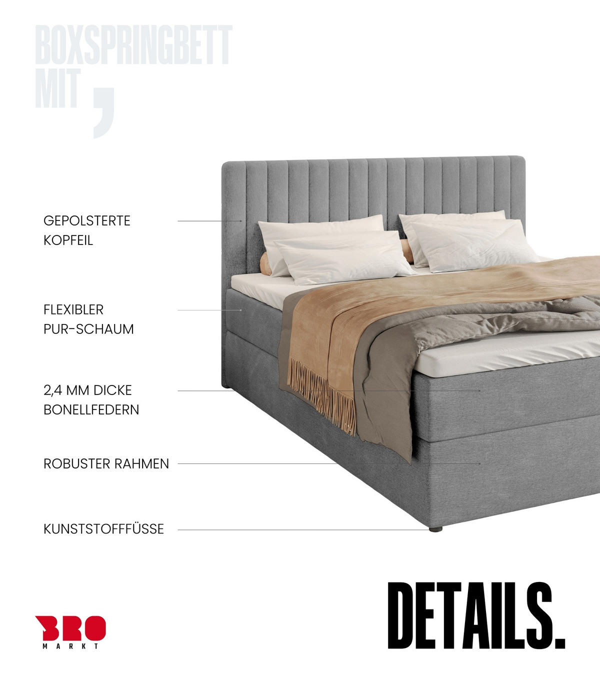 BOXBETT Dream mit Topper 140/200 Hellgrau - Hellgrau, Holzwerkstoff/Textil (140/200cm) - Bromarkt