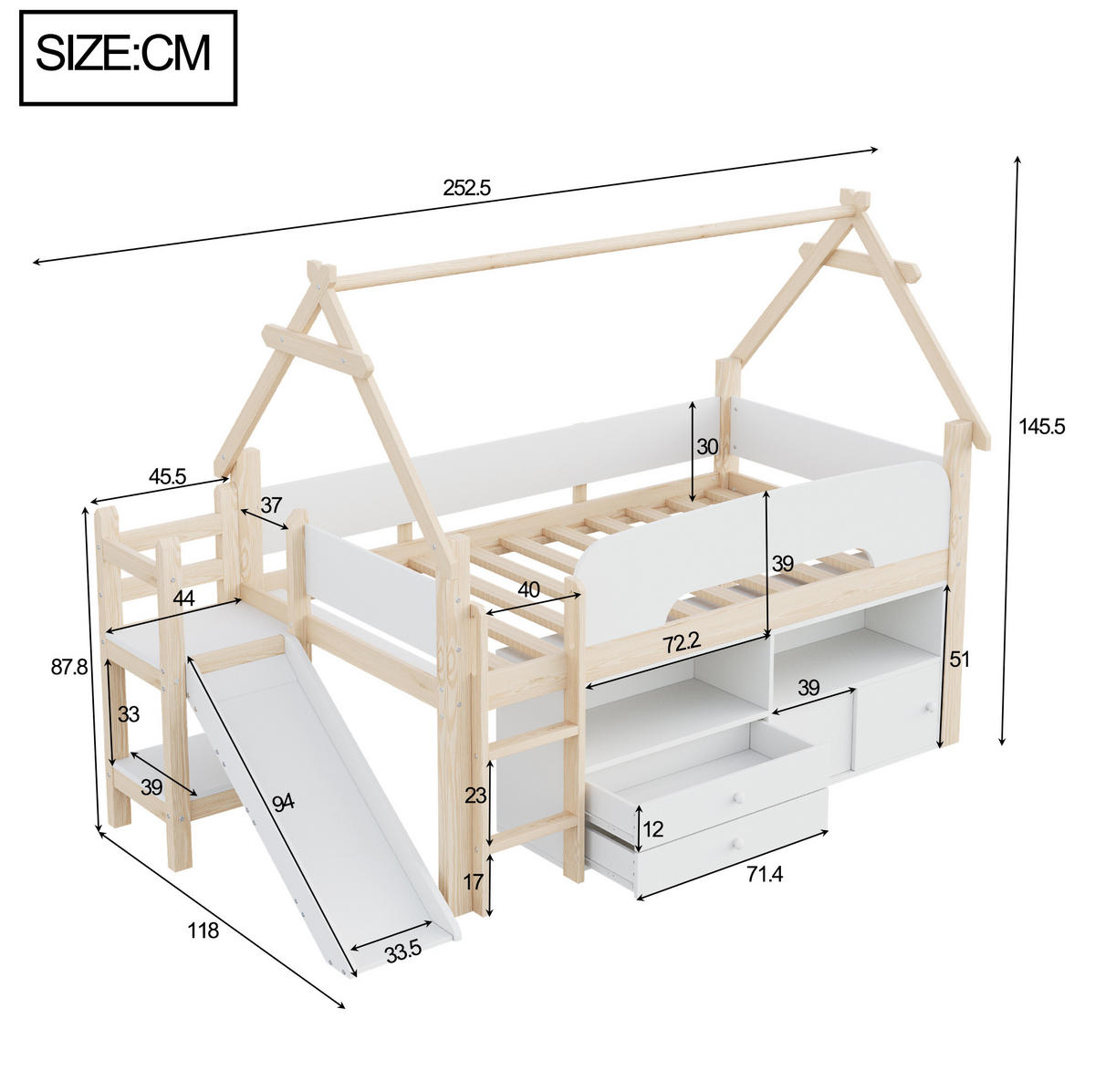 HOCHBETT aus Massivholz und MDF 90x200 cm Natur/Weiß mit Rutsche, Stauraum und Dachrahmen - Weiß, Holz (90/200cm) - Modfu