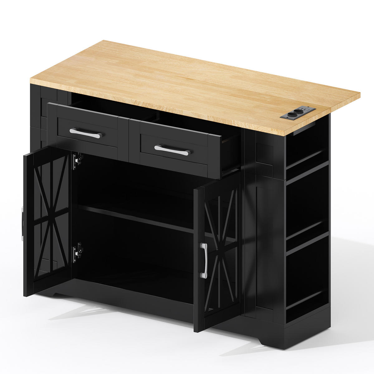 KÜCHENINSEL 120/40(65)/92 cm Schwarz mit Klappbarem Esstisch, 2 Steckdosen, USB, 2 Schubladen und Offenen Regalen - Schwarz, Holz/Holzwerkstoff (120/92/65cm) - Oxeza