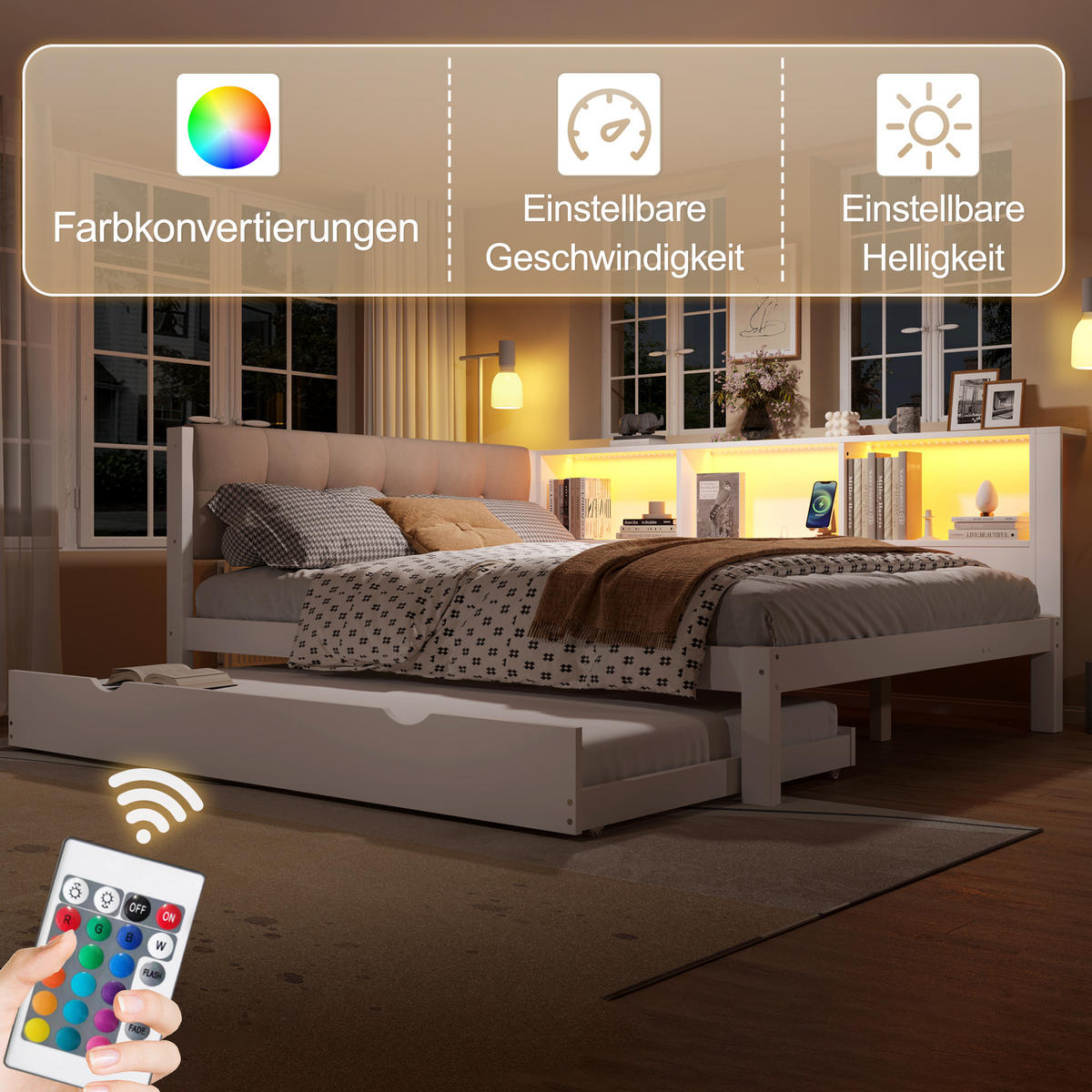 TAGEBETT 140x200cm Weiß Kiefer Ausziehbett LED-Leiste USB Regal - Weiß, Holz (140/200cm) - FLIEKS