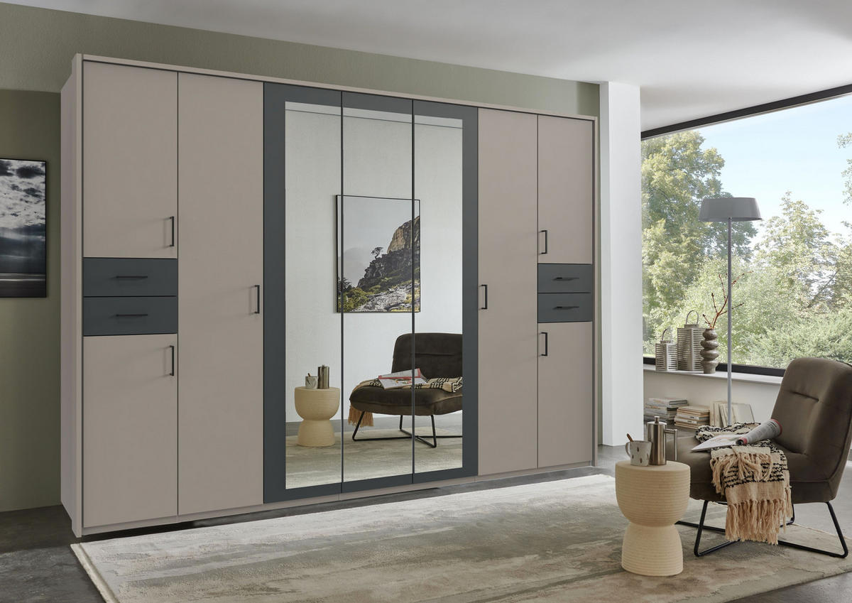 DREHTÜRENSCHRANK Kleiderschrank 313 cm mit Schubkästen & Passepartout & 3 Spiegeltüren, Sand Grau mit Absetzungen in Grafit, Griffe schwarz / 22585 - Sandfarben/Graphitfarben, Holzwerkstoff/Kunststoff (313/210/58cm) - luma-home