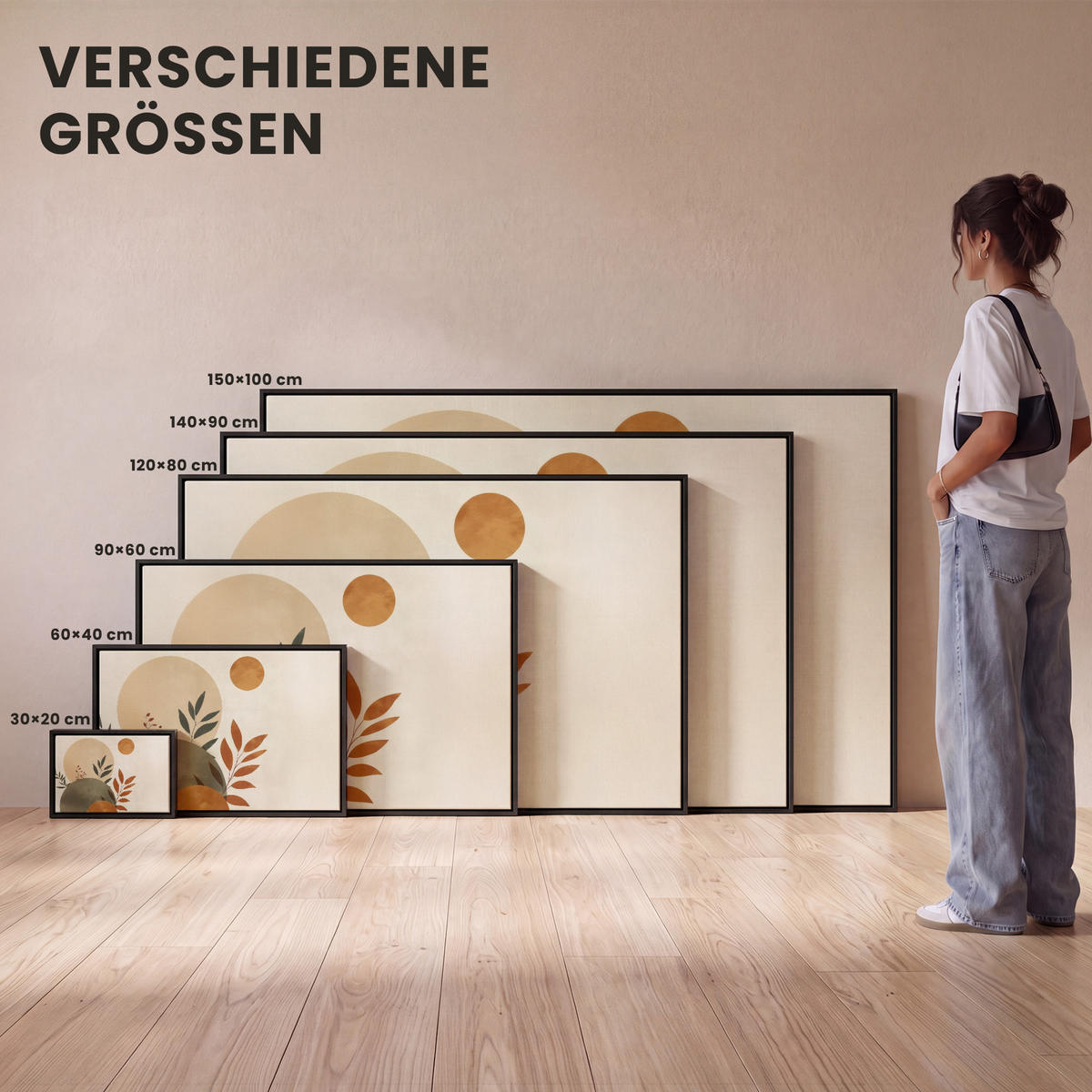 LEINWAND Bilder mit Rahmen - Formen - Rund - Blätter - Beige - 150x100 - Rostfarben, Textil (150/100cm) - MuchoWow