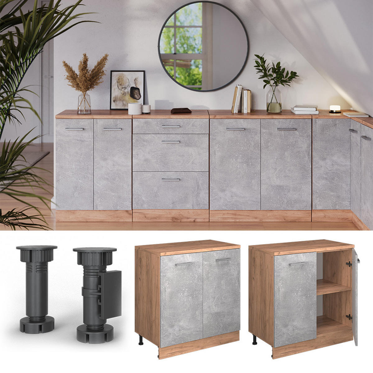 ORMAR ZA POTKROVLJE Rion Beton 80 x 81.6 cm bez kosine s 2 vrata - hrast medunac/siva, drvni materijal (80/83.8/46cm) - Vicco