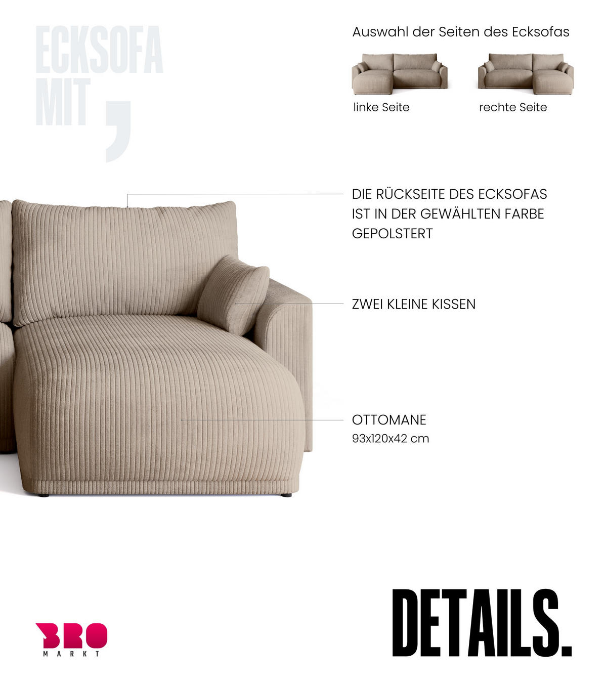 ECKSOFA MORENO mit Schlaffunktion Beige Cord - Beige, Textil (262/160cm) - Bromarkt