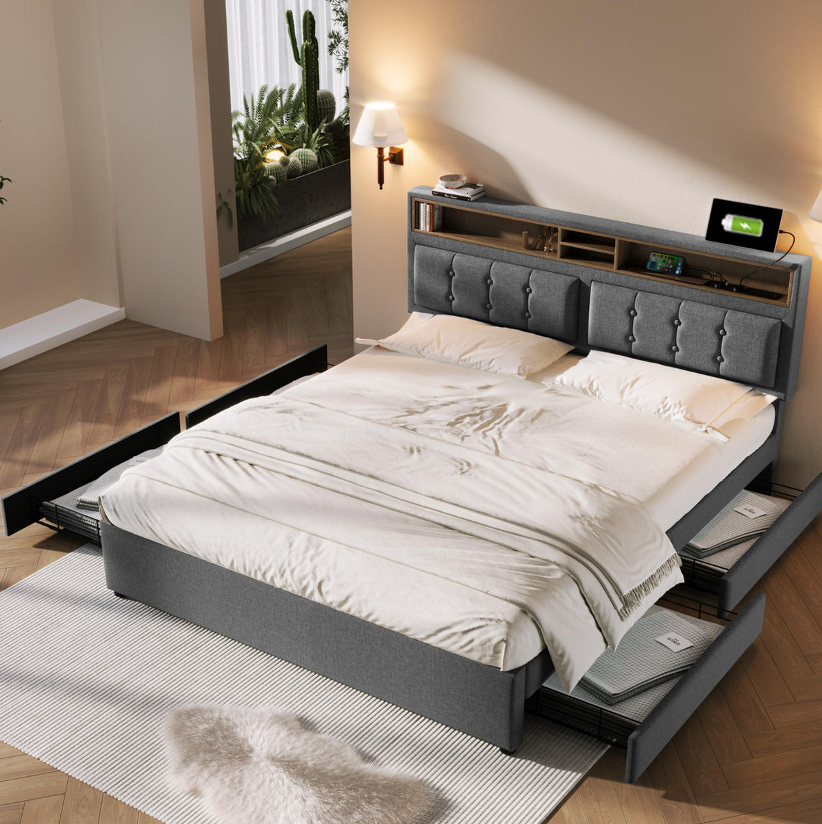 POLSTERBETT 140/200 cm mit USB-C, Steckdosen und 4 Schubladen in Grau - Grau, Textil (140/200cm) - BEAOK