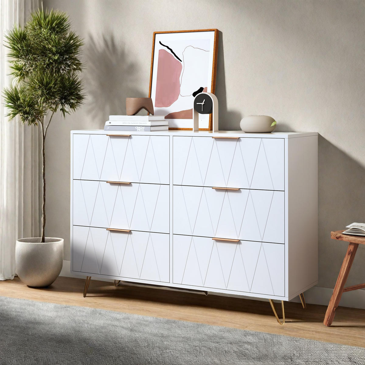 VIT byrå med 6 lådor och präglat diamantmönster - Vit, Träbaserade material (34/72.5/100cm) - SHOPENTRA