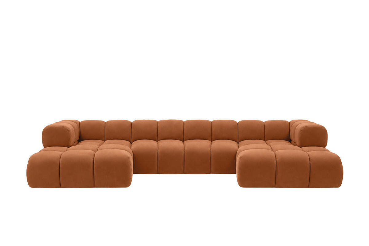 ROHOVÁ SEDAČKA ve tvaru U, velurová tkanina Bluvel, Skořicová, Averro U XL - pomerančová, dřevo (400/70/150cm) - Kaiser Möbel