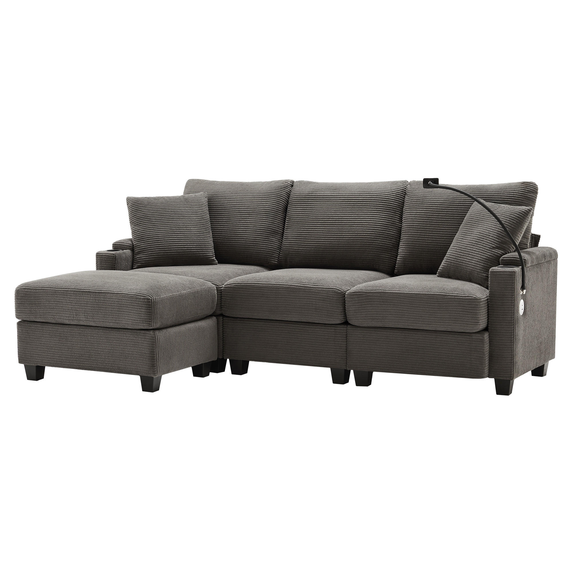 ECKSOFA 213.5/139/87 cm Dunkelgrau mit Fußhocker, Getränkehalter, USB-Ladegerät und Armlehnenablage - Dunkelgrau, Textil (213.5/139cm) - Oxeza