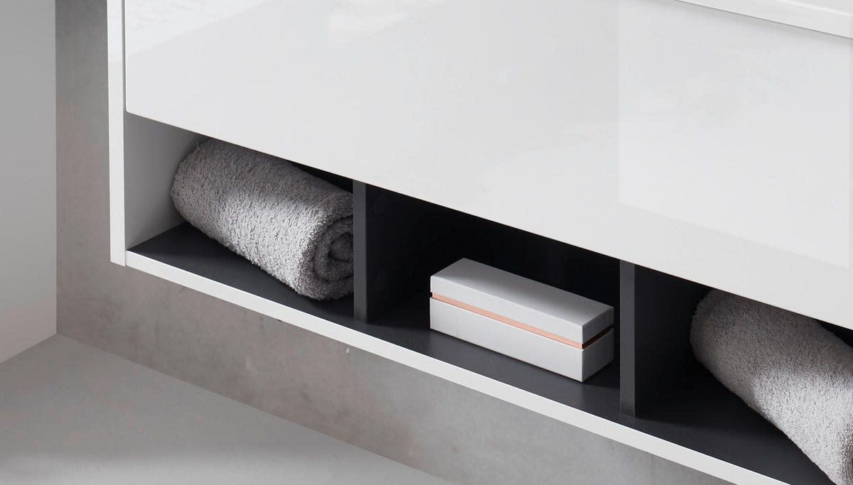 BADMÖBEL Set in weiß Hochglanz und grau mit Waschbecken und LED Beleuchtung 155 x 190 cm Glide - Weiß Hochglanz/Grau, Glas/Holzwerkstoff (155/190/47cm) - Furn.Design