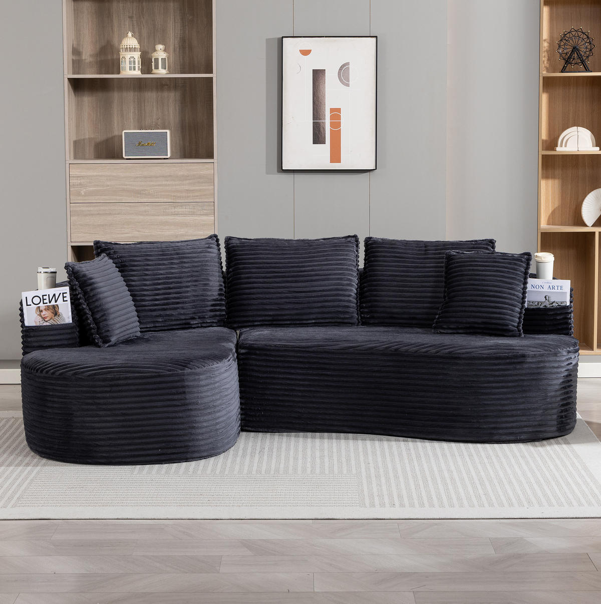 ECKSOFA aus Cord 250x152x82 cm Dunkelgrau mit Getränkehaltern, Seitentaschen und Kissen im Bogendesign - Dunkelgrau, Textil (250/152cm) - Modfu