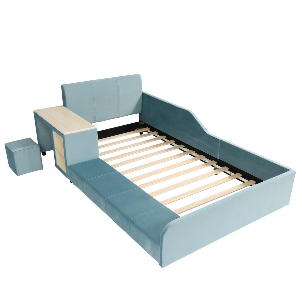POLSTERBETT 90/200 cm aus Samt mit Schreibtisch und Hocker Blau/Naturfarben - Blau, Textil (90/200cm) - Modenvie