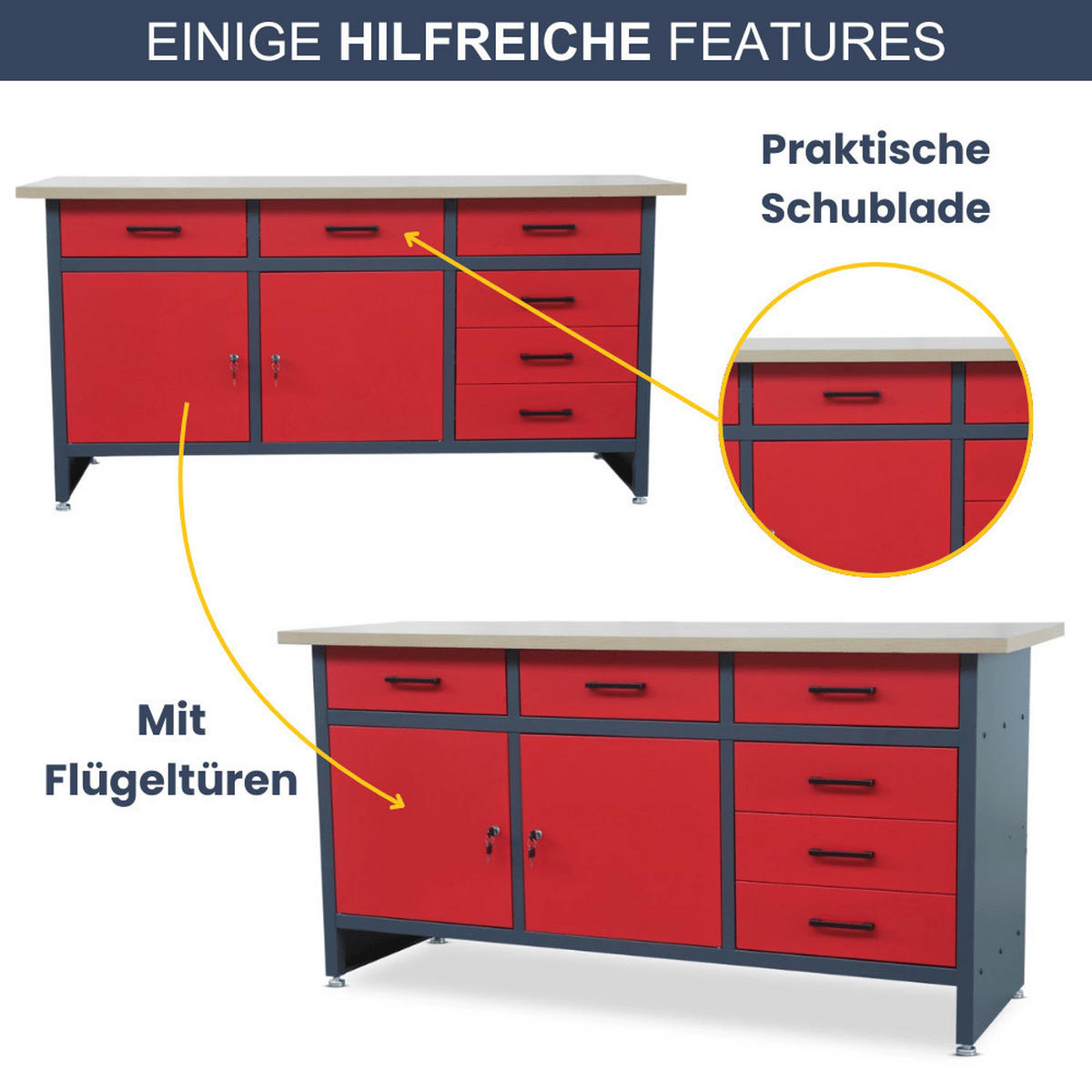 WERKBANK Werkstatt KARL 2x Tür 85x170x60cm Anthrazit-Rot - Anthrazit, Metall (170/85/60cm) - DELUKE