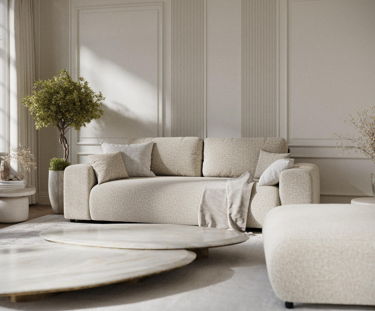 3-SITZER-SOFA Zanzibar Beige Plüschstoff - Beige/Schwarz, Holz/Holzwerkstoff (213/79/108cm) - Maison de Reve