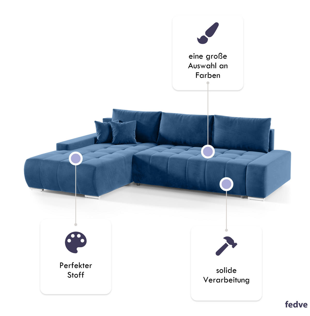 ECKSOFA mit Schlaffunktion Dhaka L, Dunkelblau - Blau, Textil (185/265cm) - Fedve