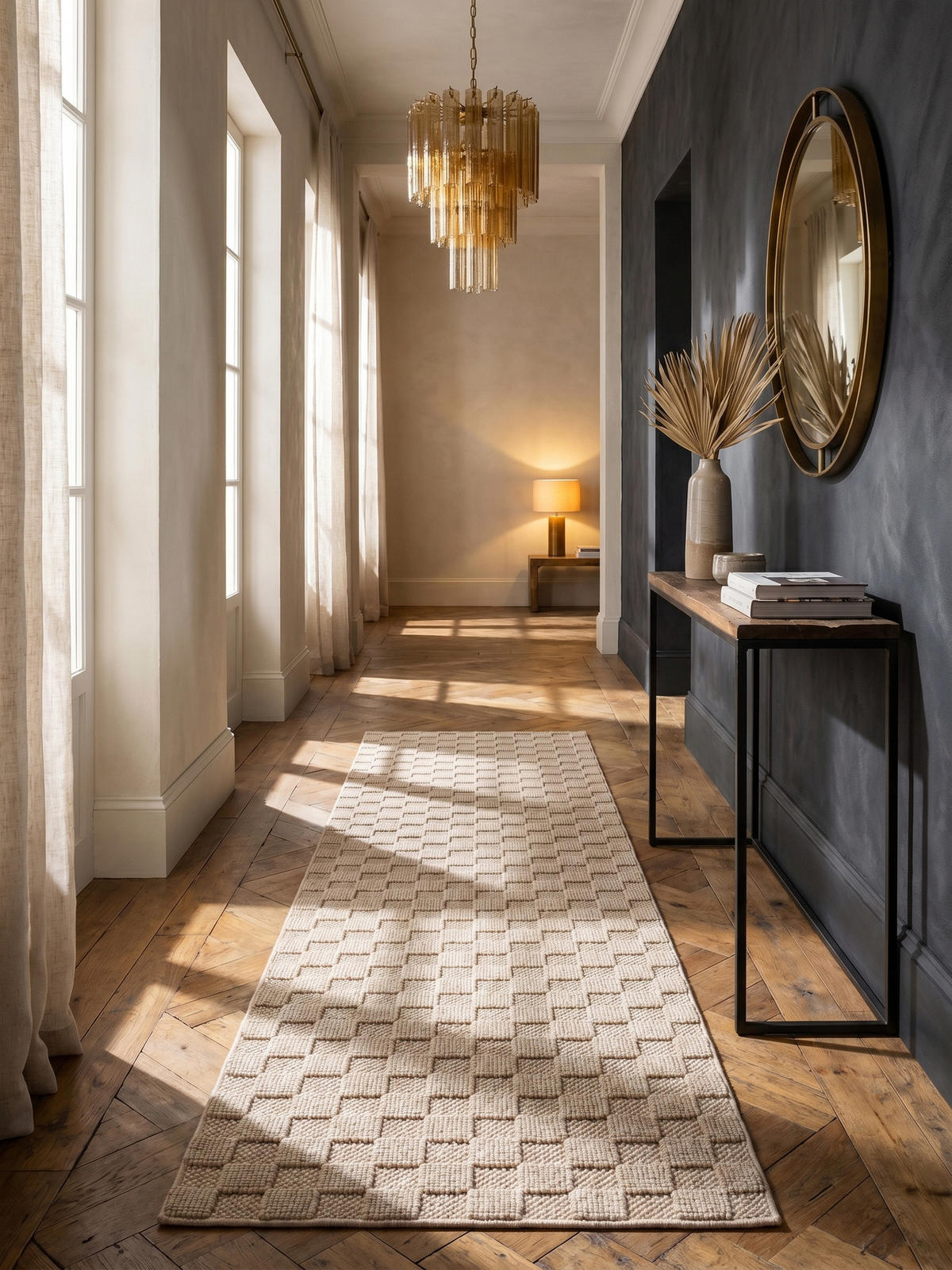 TEPPICH Flachgewebe LANGAU in Beige, mit Schachbrettmuster, 80 x 250 cm - Beige, Textil (80/250cm) - KADIMA DESIGN