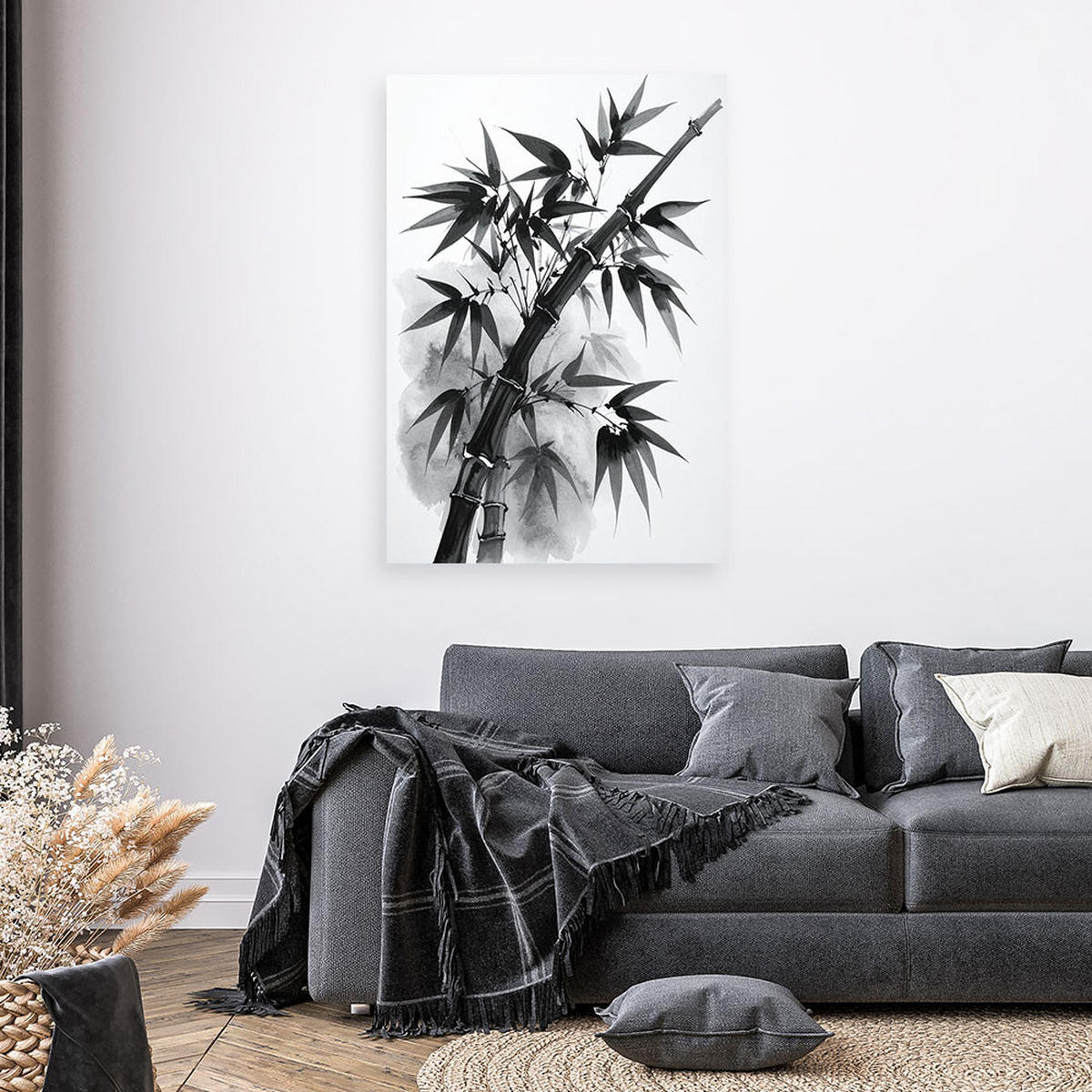 LEINWANDBILD Bambusblätter Schwarz-Weiß 80x120cm - Schwarz, Textil (80/120cm) - Feeby