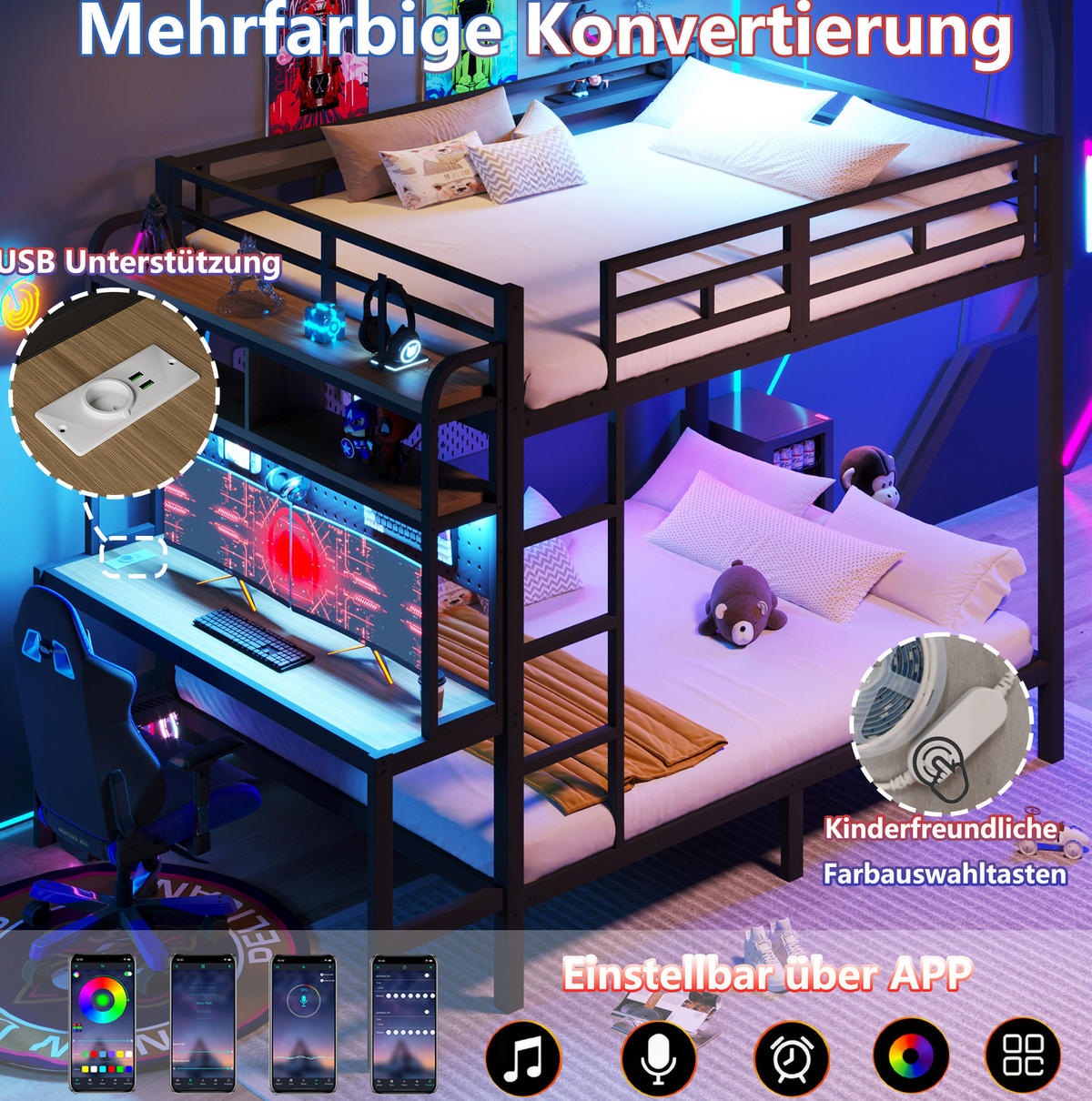 ETAGENBETT 140/200 cm in Schwarz mit Schreibtisch, Ablagen und LED-Beleuchtung - Schwarz, Metall (140/200cm) - OKMYHOME